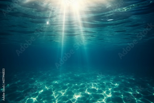 Transparent water  underwater sea background. Mockup or backdrop with sunbeams under water. AI generated  human enhanced