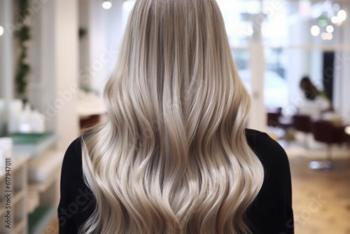 young woman with perfect blond hair in wavy styling in beauty salon after service.back view. Banner or poster. Social media content for beauty salons. Generative AI