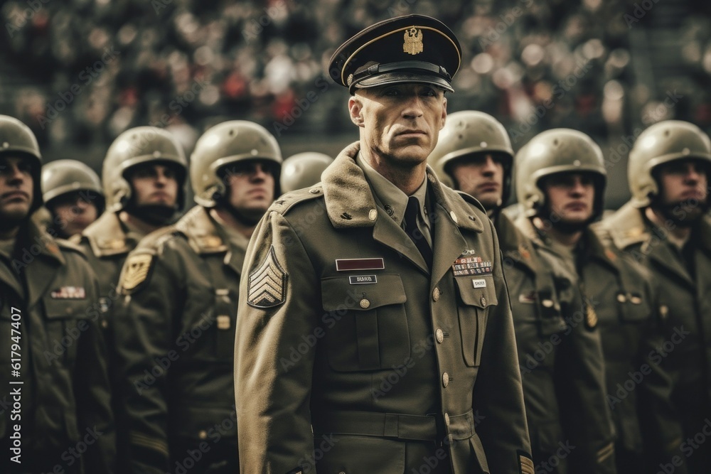 Portrait of a 20th century soldier in the ranks with selective focus. AI generated, human enhanced Portrait of a 20th century soldier in the ranks with selective focus. AI generated, human enhanced