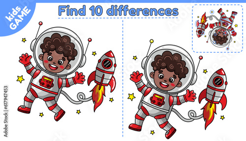 Educational game for kids. Find 10 differences. Cartoon astronaut boy afro american with spacecraft in space. Puzzle for children. Worksheet for preschool and school education. Vector illustration.