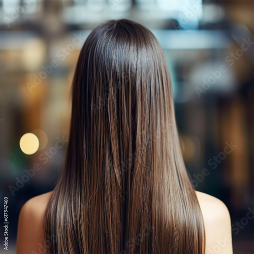 young woman with dark and straight hair in a beauty salon after service .back view. Banner or poster. Social media content for beauty salons. Generative AI