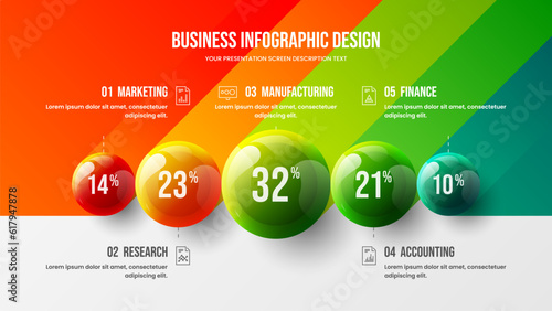 Business 5 options infographic presentation vector colorful balls illustration. Corporate marketing analytics data report design layout. Company statistics information graphic visualization template.