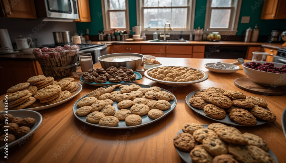Homemade chocolate chip cookies on rustic wooden table, indulgent snack generated by AI Homemade chocolate chip cookies on rustic wooden table, indulgent snack generated by AI