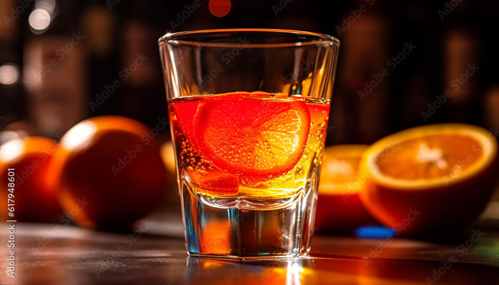 Fresh citrus cocktail in drinking glass on wooden bar table generated by AI Fresh citrus cocktail in drinking glass on wooden bar table generated by AI