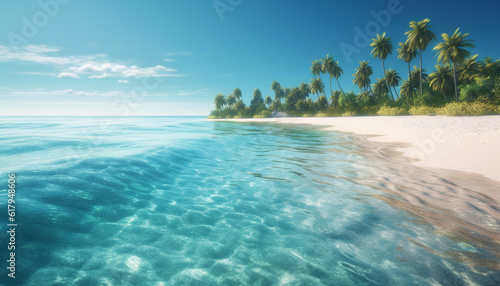 A tranquil scene of turquoise waters, palm trees, and beauty generated by AI