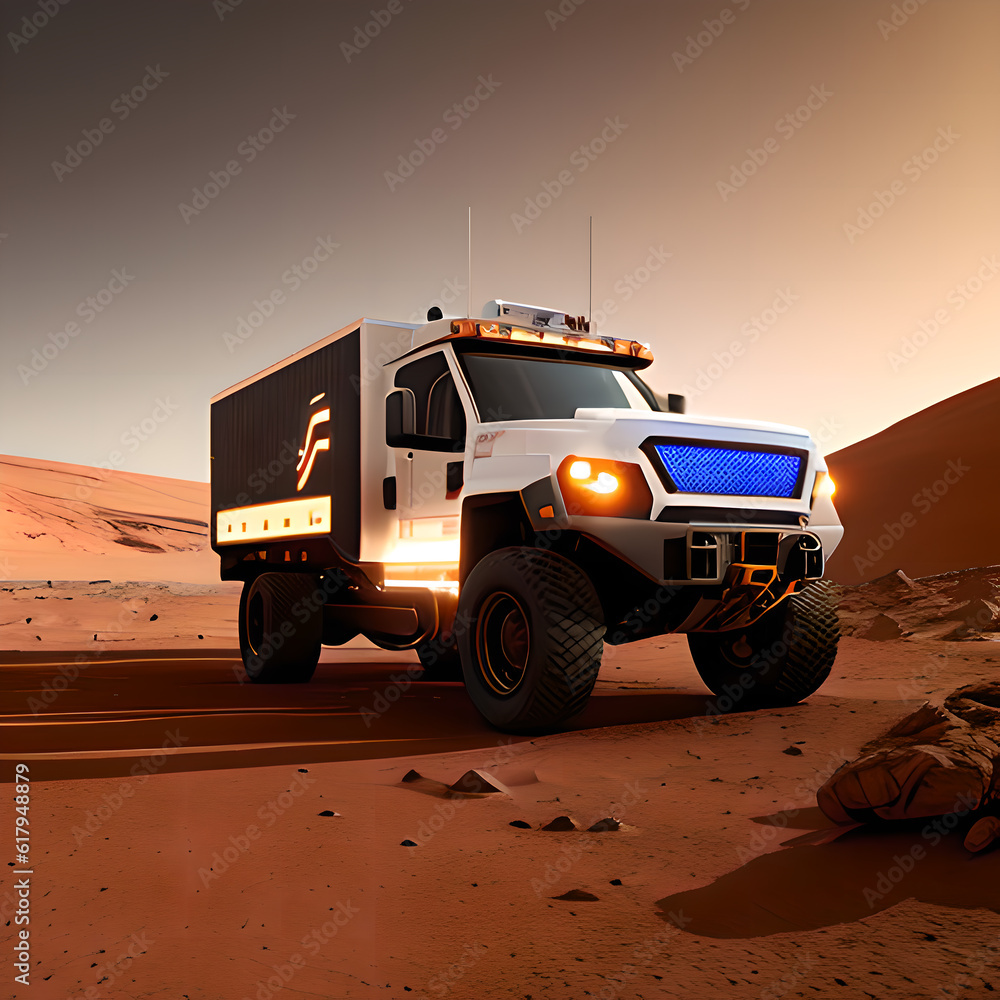 Truck on the surface of Mars, rover on the planet Mars, Generative AI