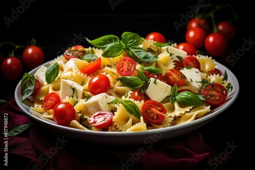 Pasta colored farfalle salad with tomatoes, mozzarella and basil. Illustration AI Generative.