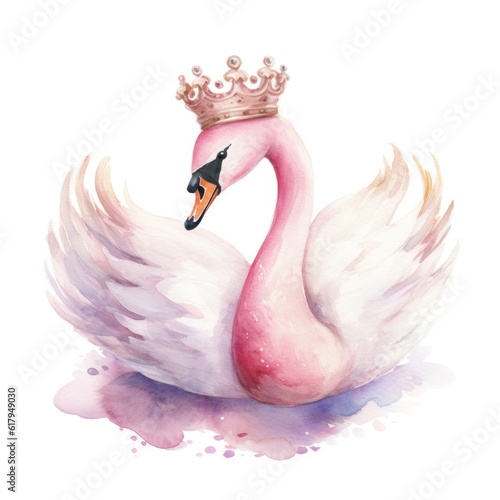 Cute watercolor swan princess. Illustration Generative AI.