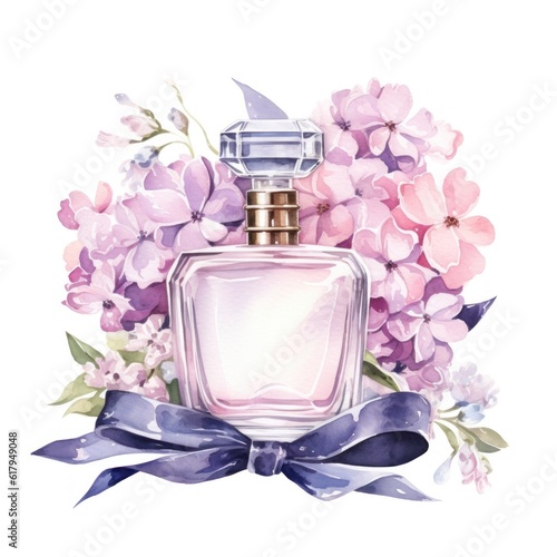 Watercolor perfume with flowers. Illustration AI Generative.