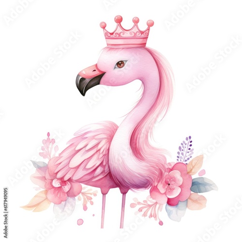 Cute watercolor flamingo princess. Illustration AI Generative