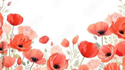 Poppy flowers watercolor border. Illustration AI Generative.