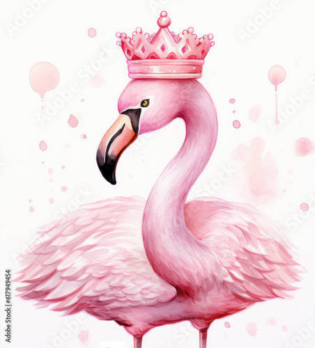 Cute watercolor flamingo princess. Illustration AI Generative