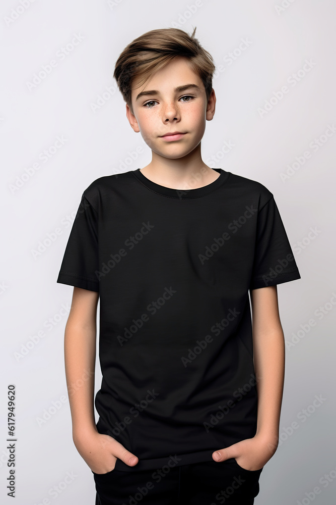 Black t-shirt mockup for teens and young adults. AI generative model wearing blank tshirt with space for your design, lettering or logo. Black t-shirt mockup for teens and young adults. AI generative model wearing blank tshirt with space for your design, lettering or logo.