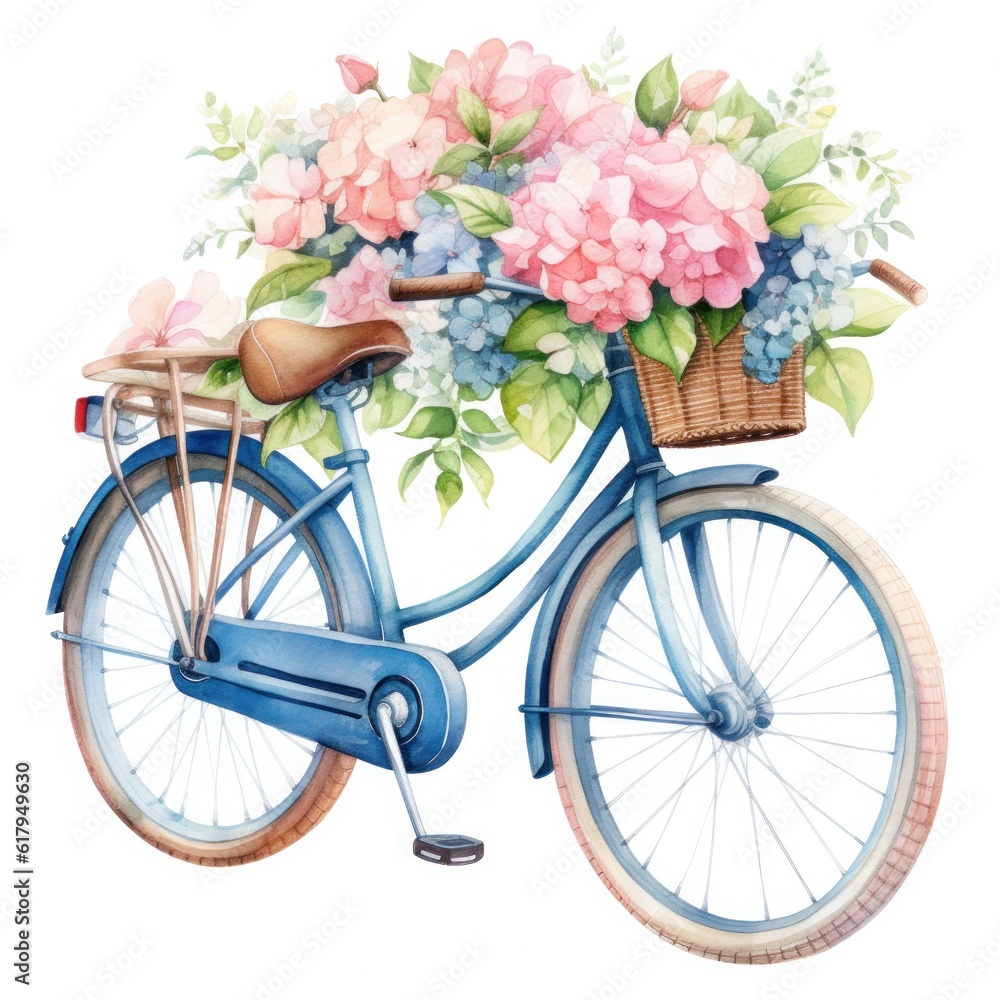 Cute watercolor bicycle with flowers. Illustration AI Generative.
