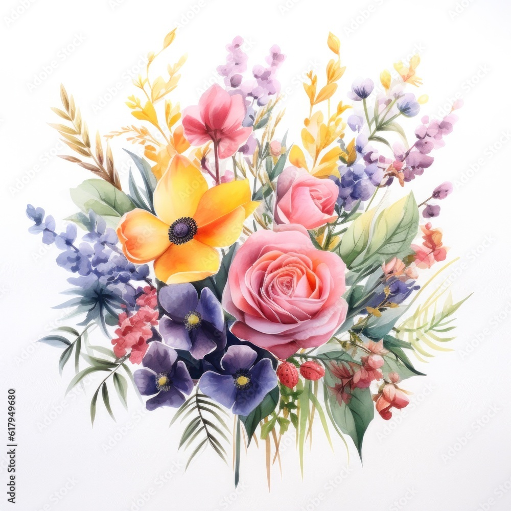 Watercolor flower bouquet. Illustration AI Generative.