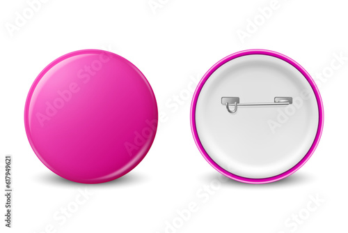 Vector Realistic Pink Round Blank Empty Button Badge Set Closeup Isolated on White Background, Front, Back View. Button Pin Badge Design Template. Brooch Pin for Branding, Mockup
