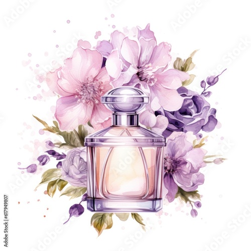 Watercolor perfume with flowers. Illustration AI Generative.
