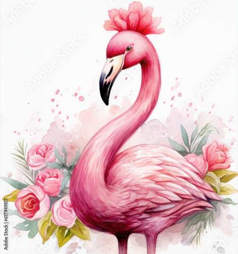 Cute watercolor flamingo princess. Illustration AI Generative © olegganko