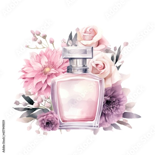 Watercolor perfume with flowers. Illustration AI Generative.