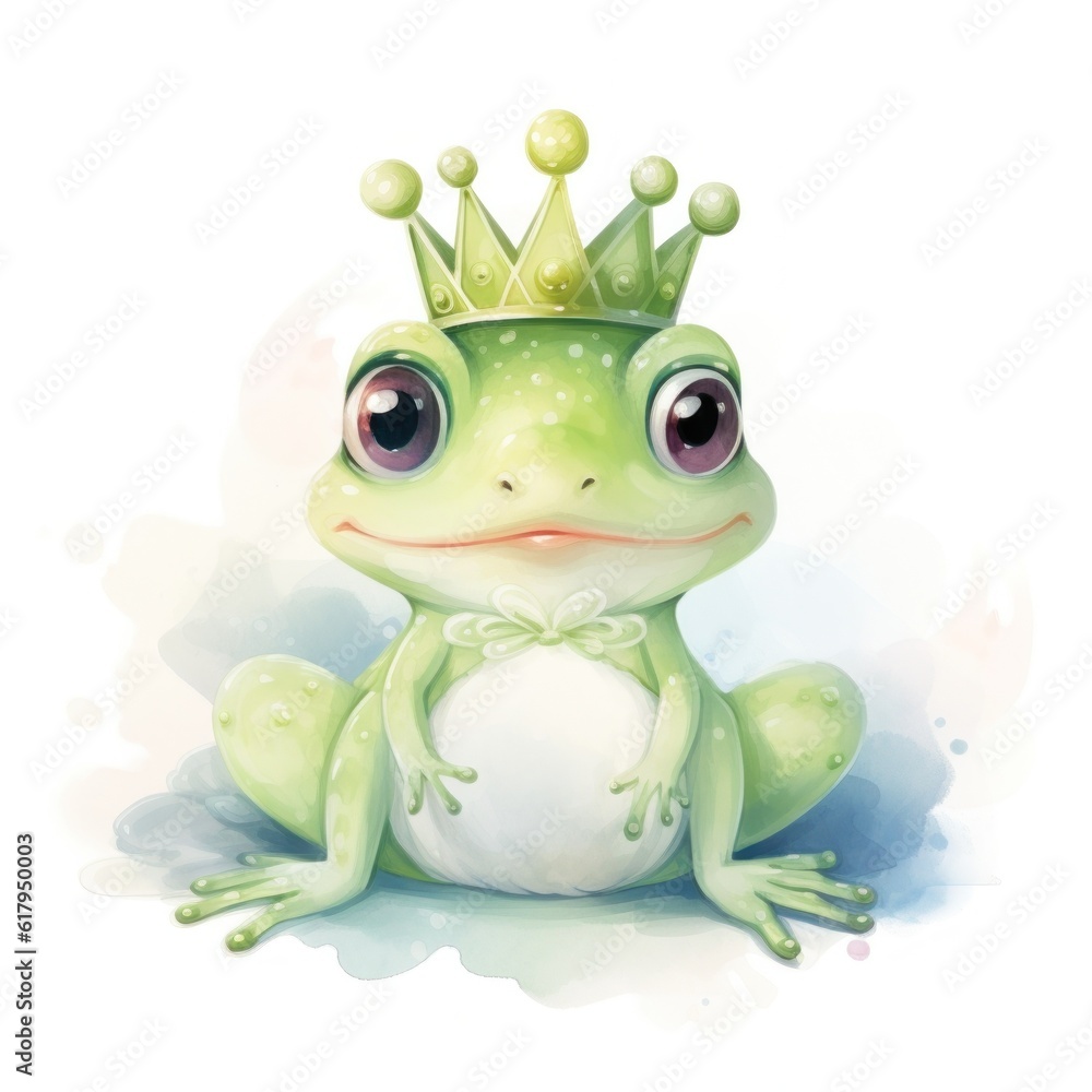 Obraz premium Watercolor cute princess frog. Illustration AI Generative.