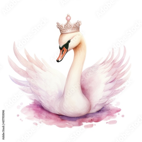Cute watercolor swan princess. Illustration Generative AI.