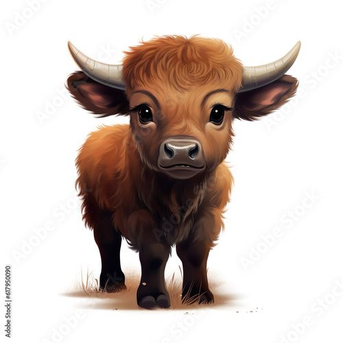 Cute little buffalo baby bison newborn cartoon colorful drawing generative AI illustration isolated on white background. Lovely baby animals concept