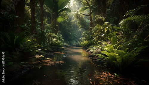 Tranquil scene of a tropical rainforest with lush green growth. generated by AI
