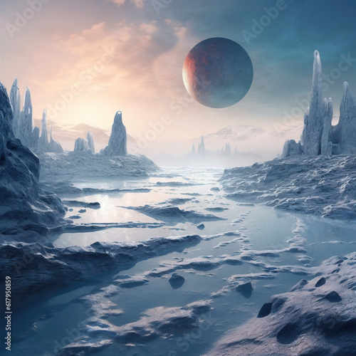 Icy alien planet landscape. Generative AI