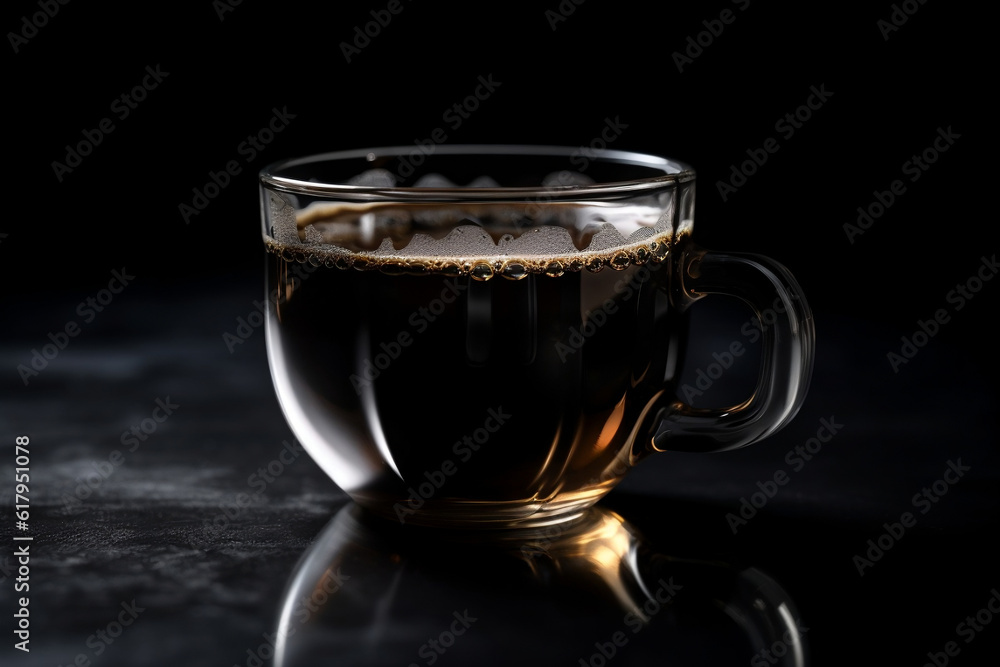 A perfect cup of coffee sitting on a shiny surface with a black background AI generated art, Generative AI, illustration, A perfect cup of coffee sitting on a shiny surface with a black background AI generated art, Generative AI, illustration,