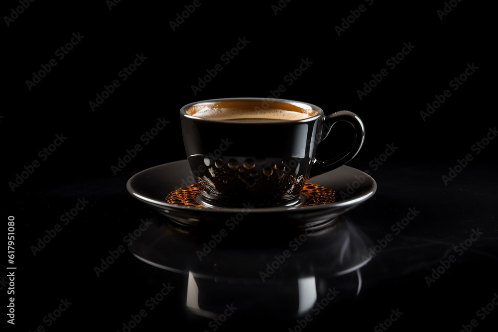 A perfect cup of coffee sitting on a shiny surface with a black background AI generated art, Generative AI, illustration, A perfect cup of coffee sitting on a shiny surface with a black background AI generated art, Generative AI, illustration,