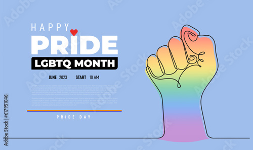 Continuous line drawing of rainbow strong fist raised up. Rainbow lgbt colored raised up fist. Pride Gay, lesbian, bisexual people community rights. Vector concept of freedom of love, lgbtq community.