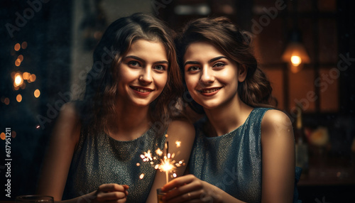 Two young women embracing  smiling with toothy smiles at camera. generated by AI