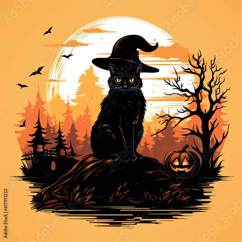 Cartoon black cat and Halloween pumpkin. Halloween vector illustration. Festive Halloween banner. Halloween print, sticker, logo. Black cat stylized drawing.