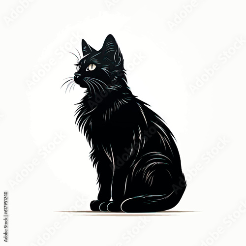 Minimalist design: central geometric figure of a cat, composed of simple flat shapes, abstraction, on a white background. Geometric vector illustration of a black cat. Black cat logo.