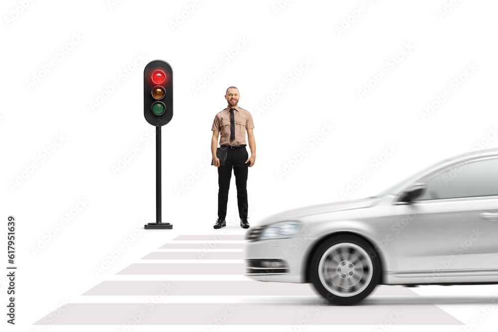 Security officer waiting at traffic lights Security officer waiting at traffic lights