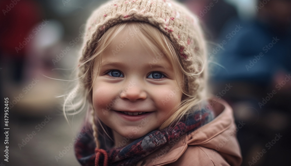 Cute toddler smiling, enjoying playful winter fun outdoors with family. generated by AI Cute toddler smiling, enjoying playful winter fun outdoors with family. generated by AI