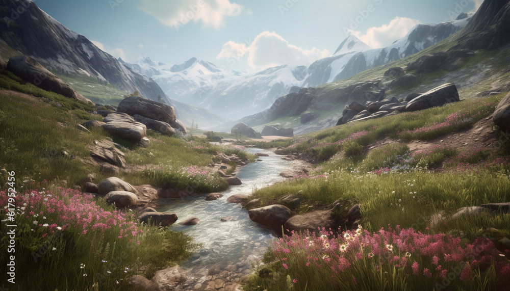 Majestic mountain range, tranquil meadow, flowing water, idyllic nature scene. generated by AI
