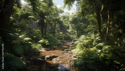 Tranquil scene of tropical rainforest with lush green foliage and water. generated by AI
