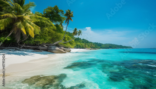 Idyllic tropical coastline, tranquil turquoise waters, palm trees sway in beauty. generated by AI