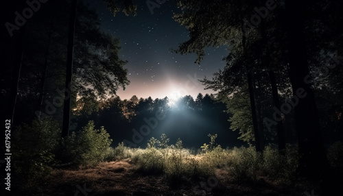 Mysterious forest at dusk, illuminated by moonlight and starry sky. generated by AI © Jemastock