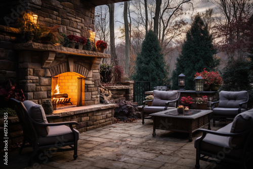 Outdoor Fireplaces: Elevate Your Backyard with a Stunning Patio Fireplace, Generative AI © Aivis