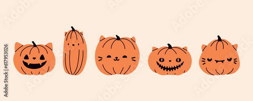 Cat jack o lantern gourd. Pumpkins with carved expression pet faces. Cartoon ingenious cat squash vector illustration