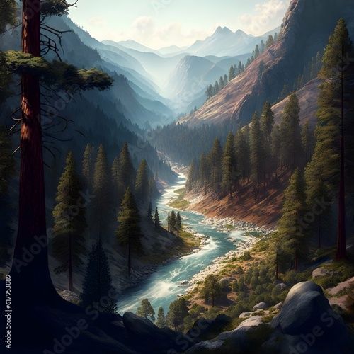 a stunning dramatic render of a deep mountain valley next to a raging river among ancient redwood trees with long expansive views that reach rar into the distance  photo