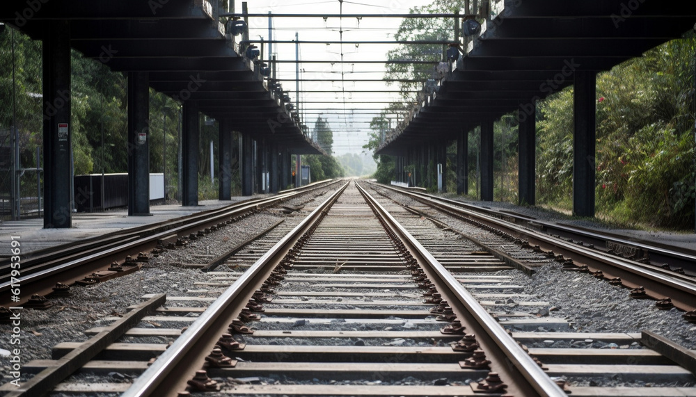 Railroad track vanishing point, steel industry, diminishing perspective, transportation journey generated by AI