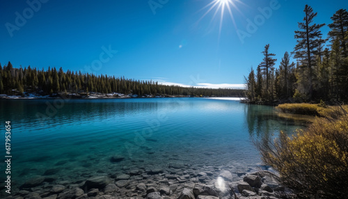 Tranquil autumn reflection on majestic mountain range in Alberta wilderness generated by AI
