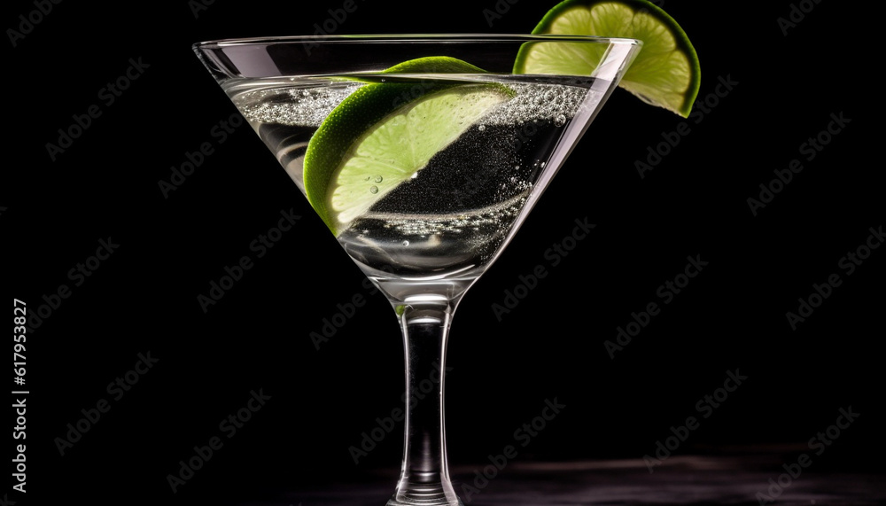 Refreshing cocktail with lime, fruit, and ice in drinking glass generated by AI Refreshing cocktail with lime, fruit, and ice in drinking glass generated by AI