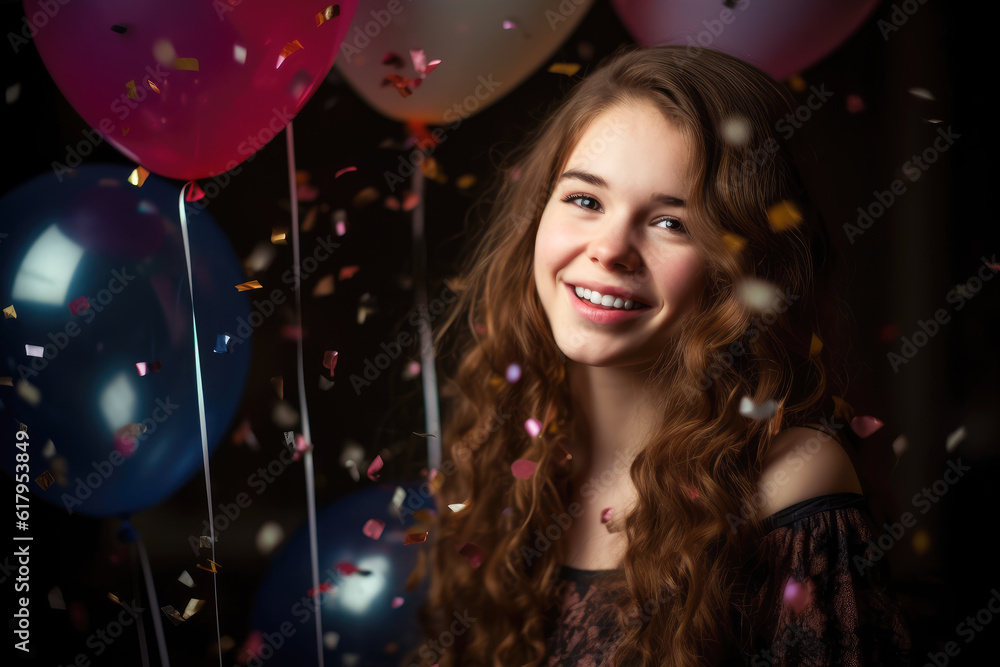 smiling girl with air balloons and falling confetti. home celebration party concept. generative AI smiling girl with air balloons and falling confetti. home celebration party concept. generative AI