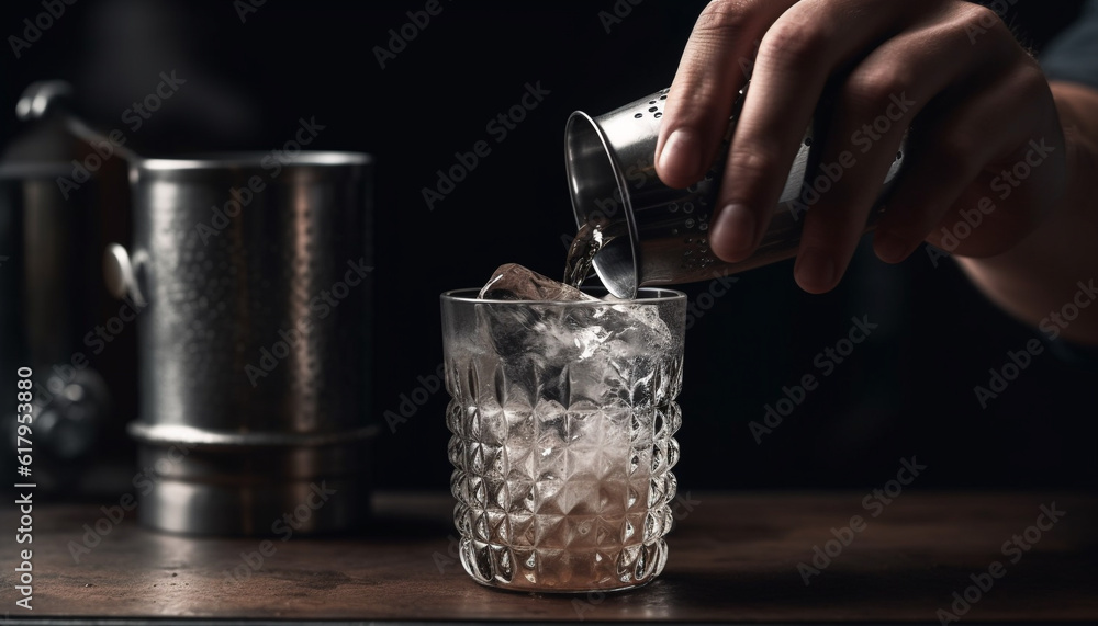 Hand pouring fresh whiskey into glass on bar counter at night generated by AI Hand pouring fresh whiskey into glass on bar counter at night generated by AI