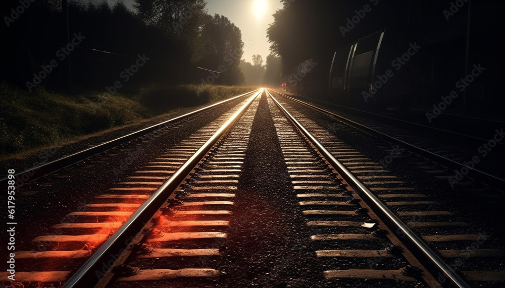 Fototapeta premium Steel locomotive speeds through vanishing point on railroad track journey generated by AI