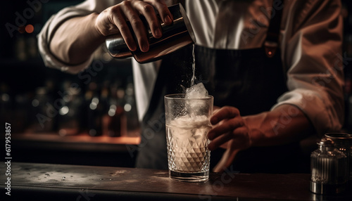 One man holding glass  pouring whiskey at bar counter generated by AI